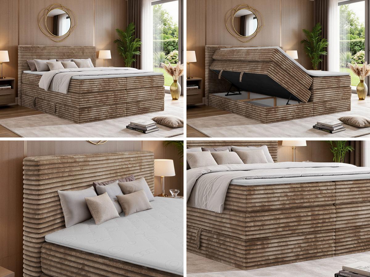 BOXSPRINGBETT TILION KING 200/200 - Braun Cord - Topper Visco - H3 - Schwarz/Braun, Kunststoff/Textil (200/200cm) - MKS
