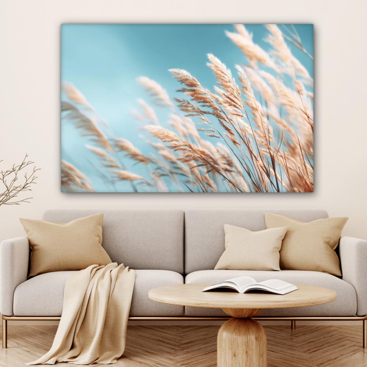 LEINWANDBILD Ziergras - Wind - Hellbraun XXL 150x100 cm - Hellblau, Textil (150/100cm) - MuchoWow