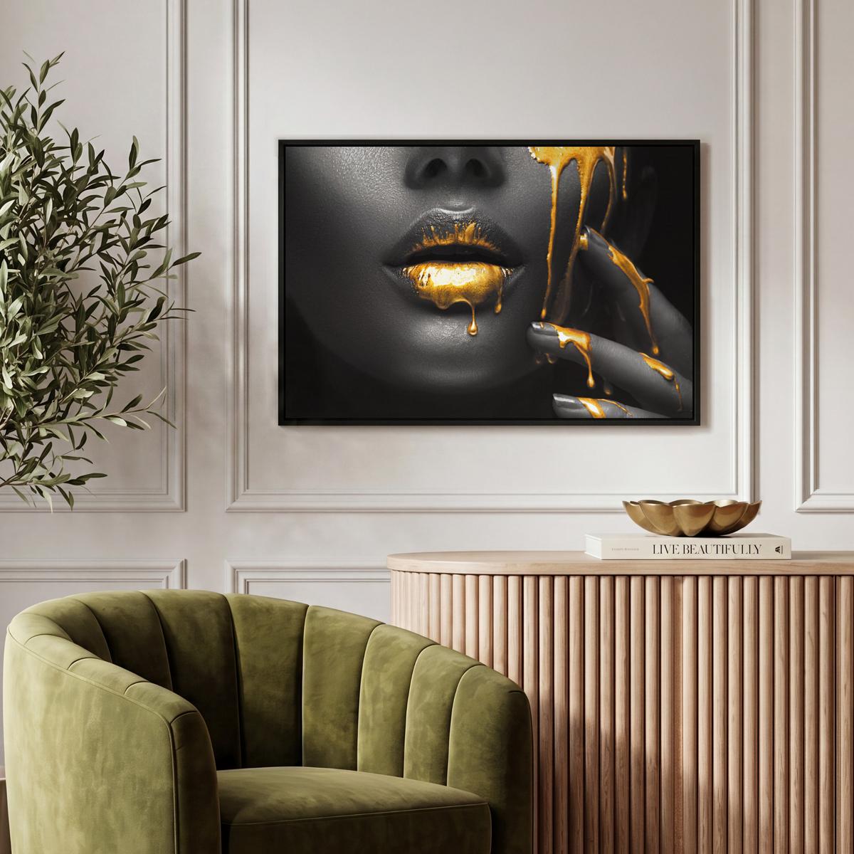 LEINWAND Bilder mit Rahmen - Frau - Schwarz - Gold - Gesicht - Lippen - 60x40 - Goldfarben, Textil (60/40cm) - MuchoWow