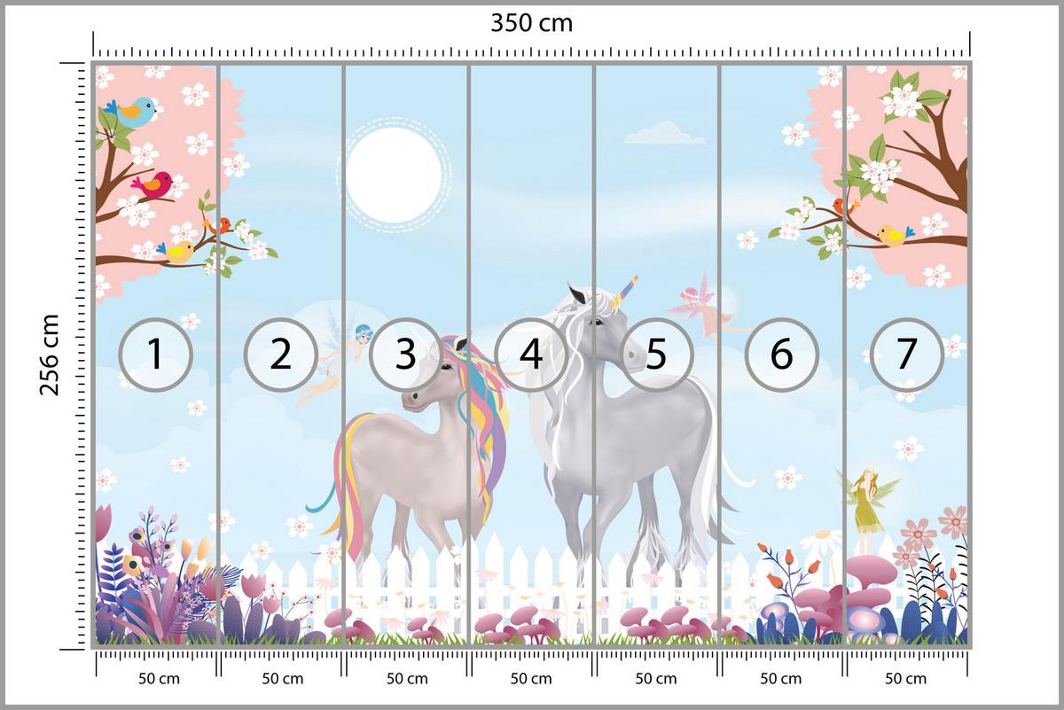 FOTOTAPETE für Kinderzimmer Einhörner Wiese Vögel Bäume Blumen 350x256 - Multicolor, Papier (350/256cm) - Muralo