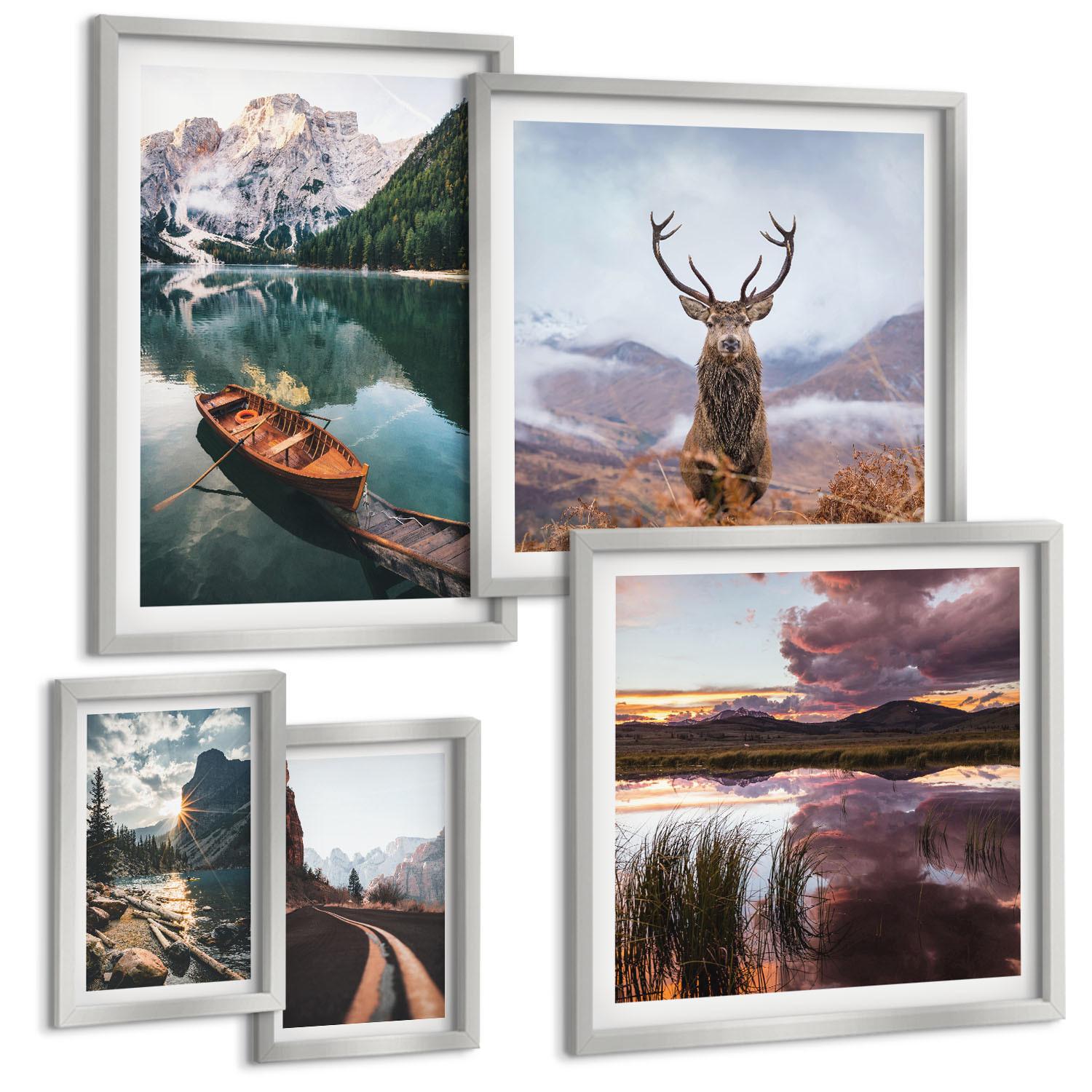 BILDER SET 5er Set - 50x50 cm & 20x30 cm & 40x60 cm Silberner Rahmen - Bergsee, Bootsfahrt, Sonnenuntergang, Hirsche - Silberfarben, Kunststoff (40/60cm) - TULUP