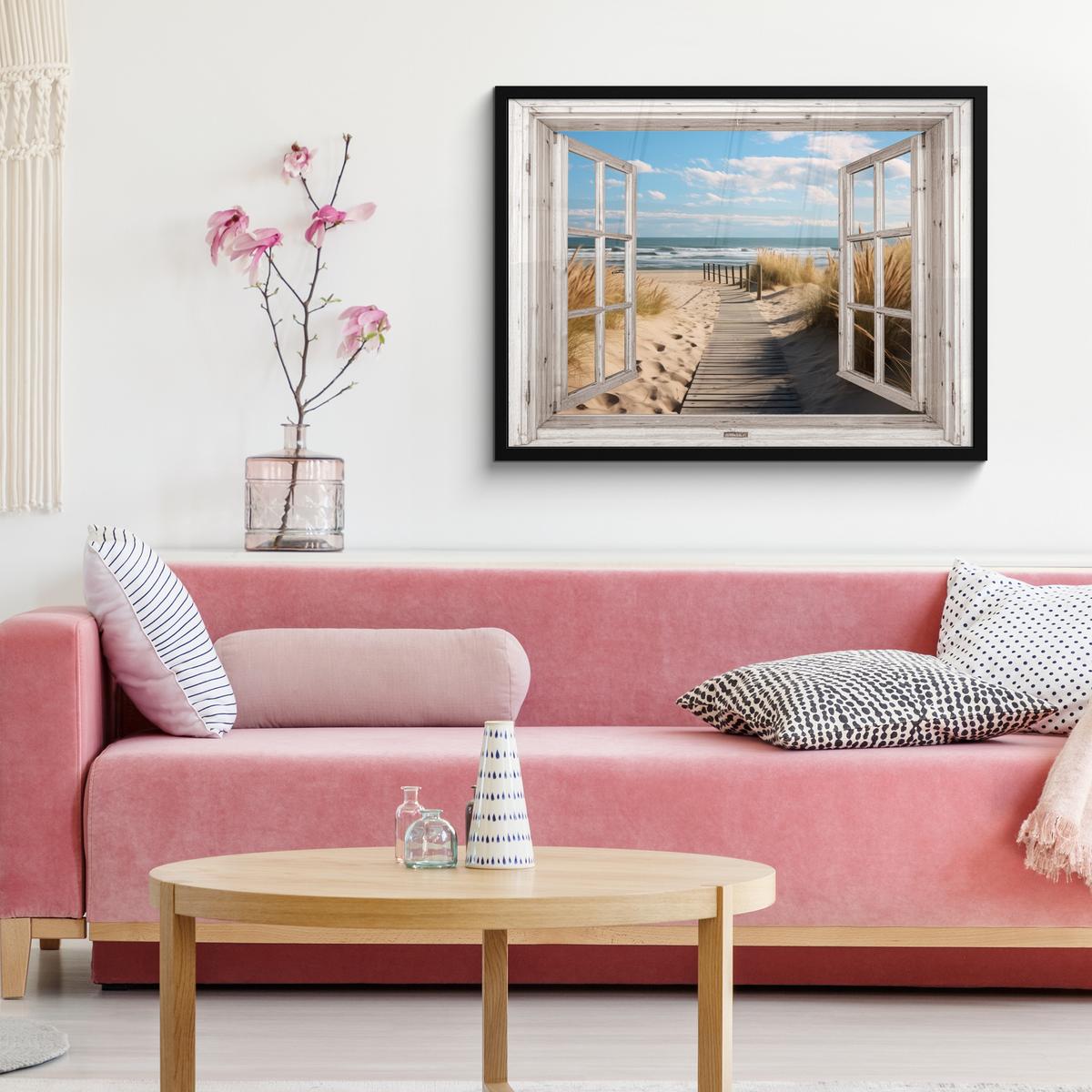 POSTER MIT RAHMENGERAHMTES BILD Fenster - Meer - Küste - Natur - Ausblick - Strand - Wattenmeer 80x60 cm - Beige, Papier (80/60cm) - MuchoWow