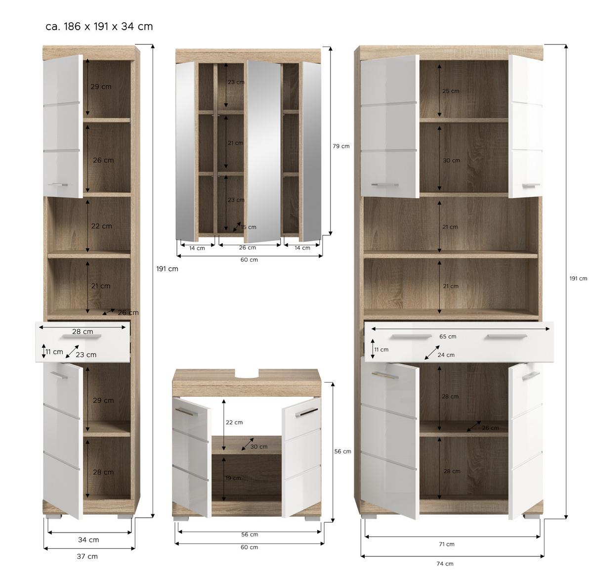 BADMÖBEL-SET weiß Hochglanz, Eiche 4-teilig 186 cm, viel Stauraum - Weiß Hochglanz/Eichefarben, Holzwerkstoff (186/191/34cm) - Inn.Furn