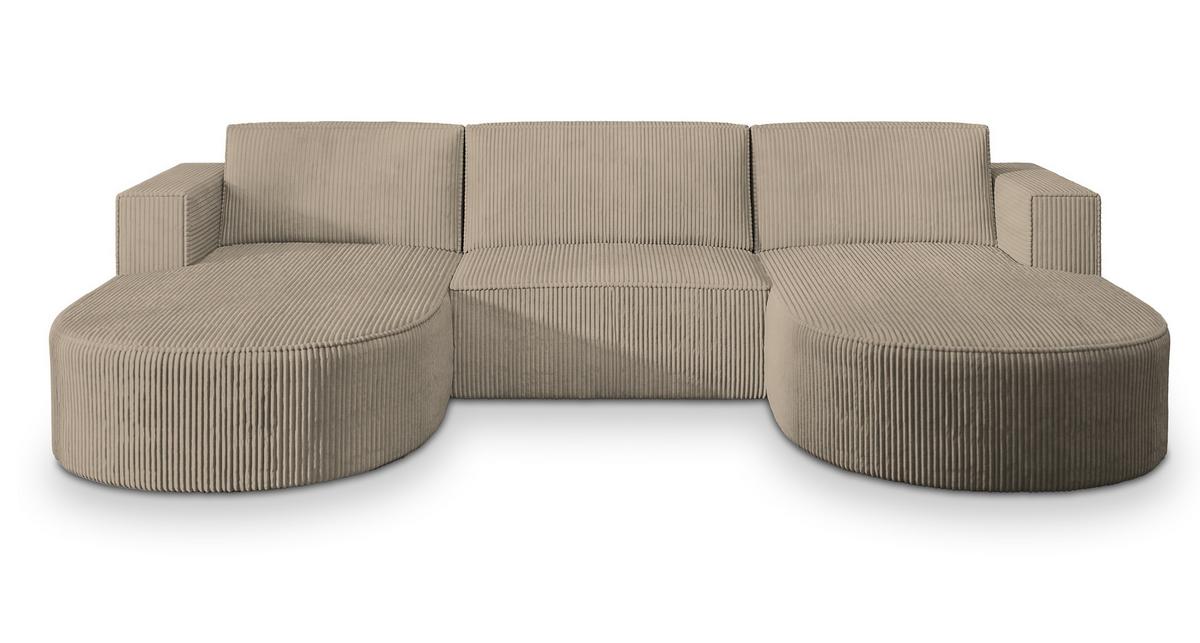 WOHNLANDSCHAFT VEZZO P Beige Kordstoff mit Schlaffunktion - Beige/Grau, Holz/Kunststoff (347/85/174cm) - MASSENO