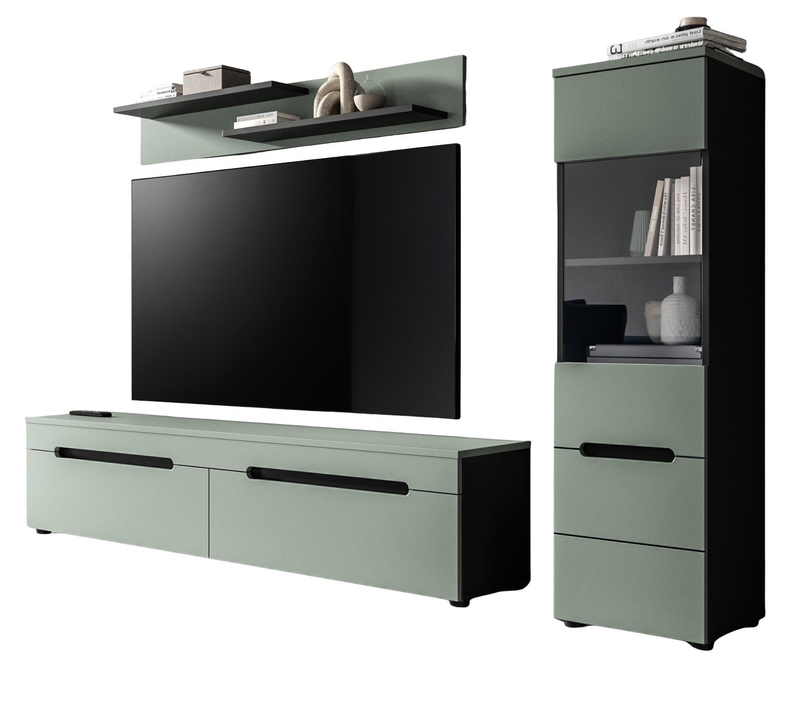 WOHNWAND Salbei grün, grau, Kombination 3-teilig 220 cm hängend oder stehend, Soft-Close - Salbeigrün/Schwarz, Glas/Holzwerkstoff (221/141/33cm) - Inn.Furn