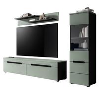 WOHNWAND Salbei grün, grau, Kombination 3-teilig 220 cm hängend oder stehend, Soft-Close - Salbeigrün/Schwarz, Glas/Holzwerkstoff (221/141/33cm) - Inn.Furn