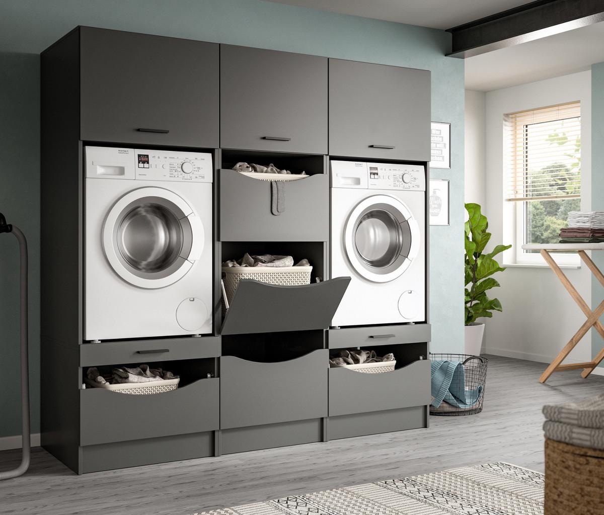 WASCHMASCHINENSCHRANK grau Set 3-teilig 192 cm, Umbau für Waschmaschine und Trockner - Schwarz/Grau, Holzwerkstoff/Kunststoff (192/196/68cm) - Inn.Furn