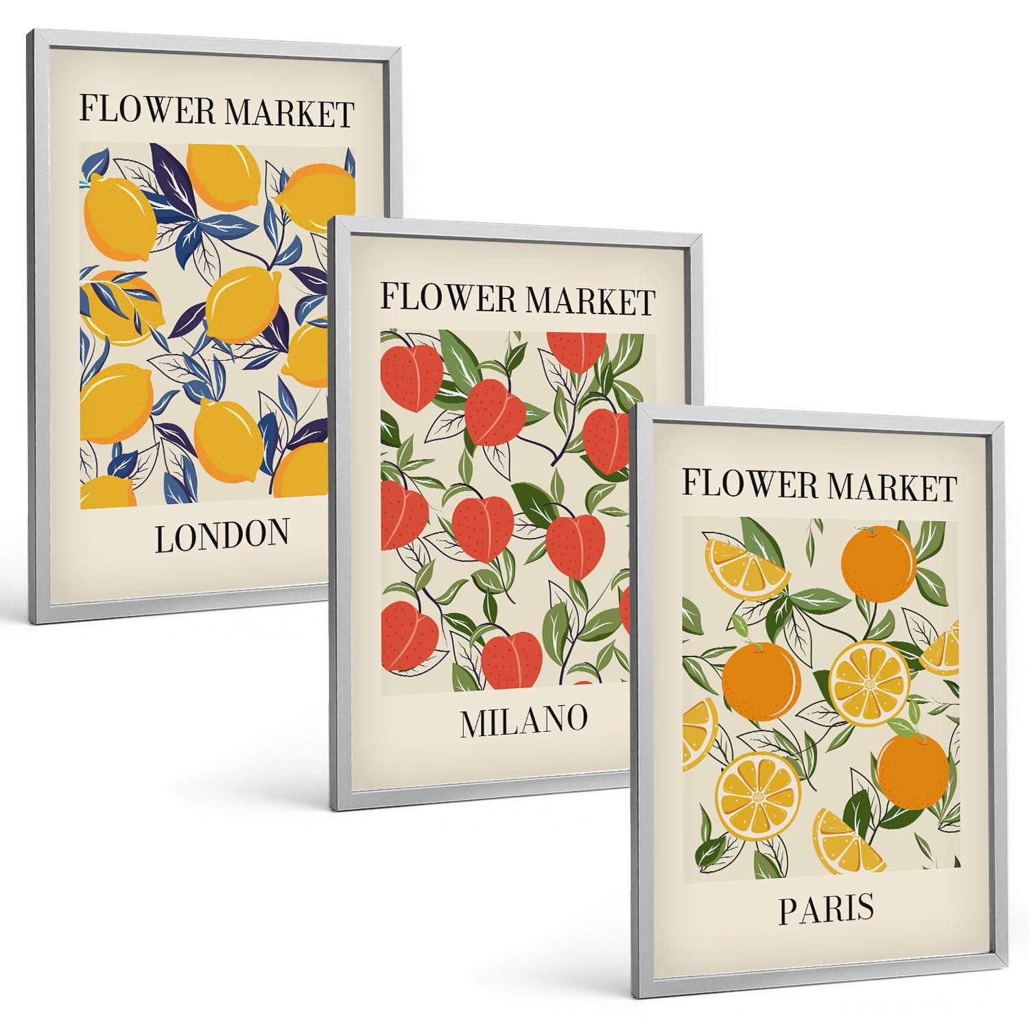 BILDER SET 3er Set - 40x60 cm Silberner Rahmen - Blumenplakate in Städten - Silberfarben, Kunststoff (40/60cm) - TULUP