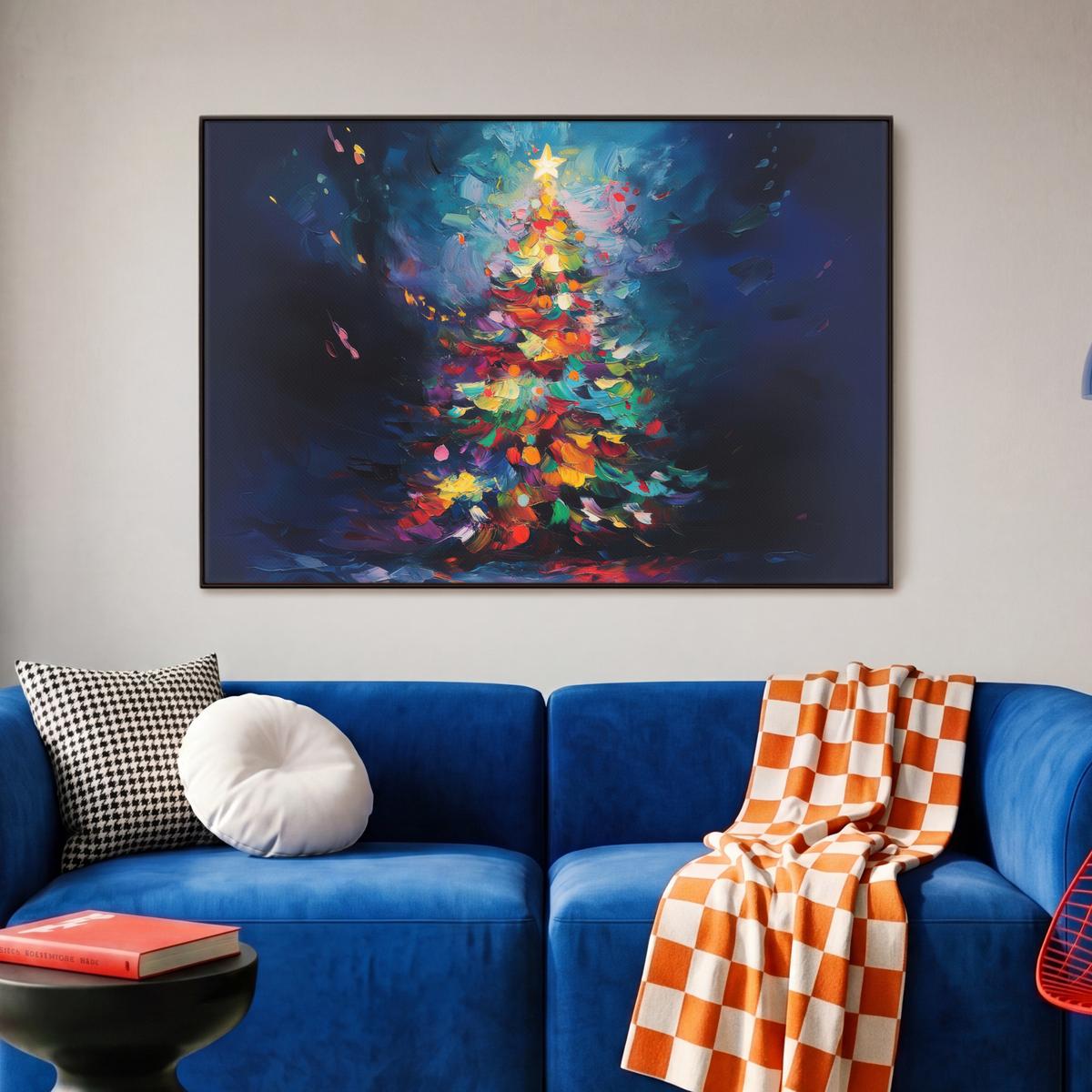 LEINWAND Bilder mit Rahmen - Weihnachtsbaum - Weihnachten - Abstrakt - Farbenfroh - 90x60 - Multicolor, Textil (90/60cm) - MuchoWow