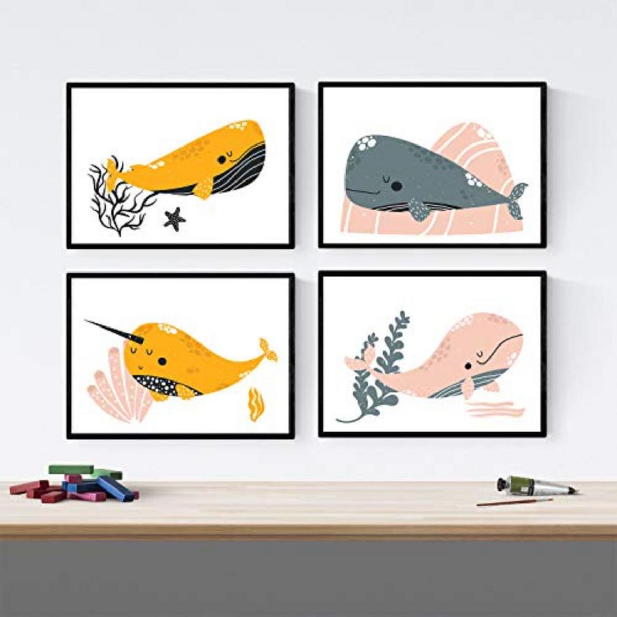 POSTER Set mit 4 Wale im Meer grau orange und rosa A4 Rahmenlos - Klar, Papier (29.7/3cm) - Nacnic