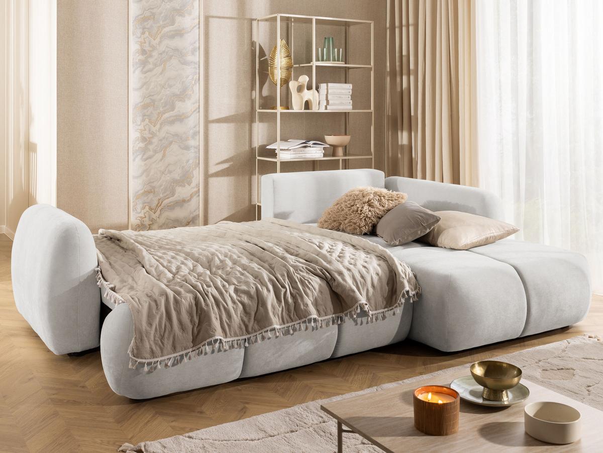 ECKSOFA Loretto aus natürlichem Creme Webstoff mit Schlaffunktion, Bettkasten und tiefen Steppungen in Bubble-Optik - Creme/Schwarz, Holz/Kunststoff (275/180cm) - S-Style