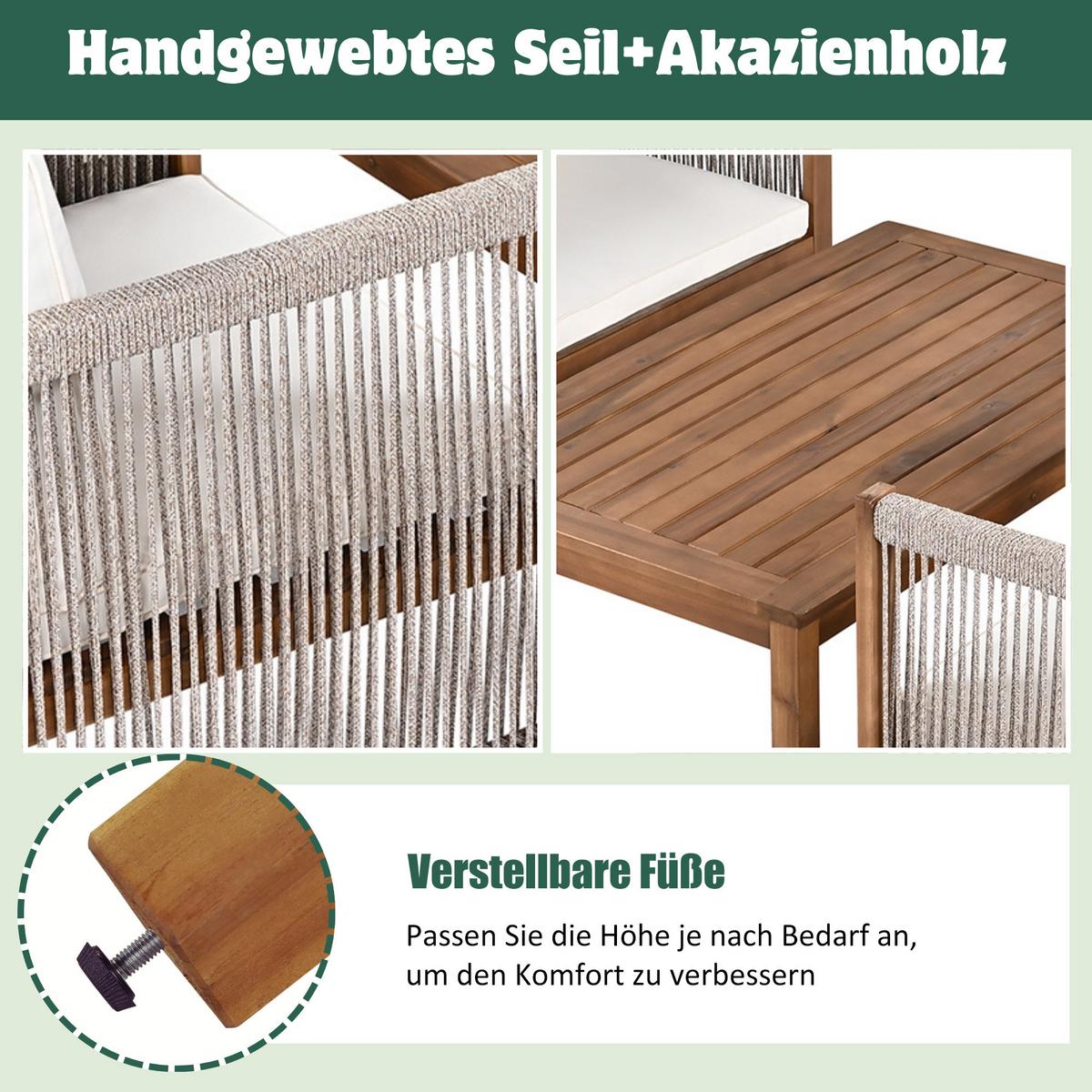LOUNGEGARNITUR 4-tlg. Akazie & Seil Beige Gartensofa mit Tisch, 2 Sesseln & Kissen - Beige, Textil - Urban Meuble
