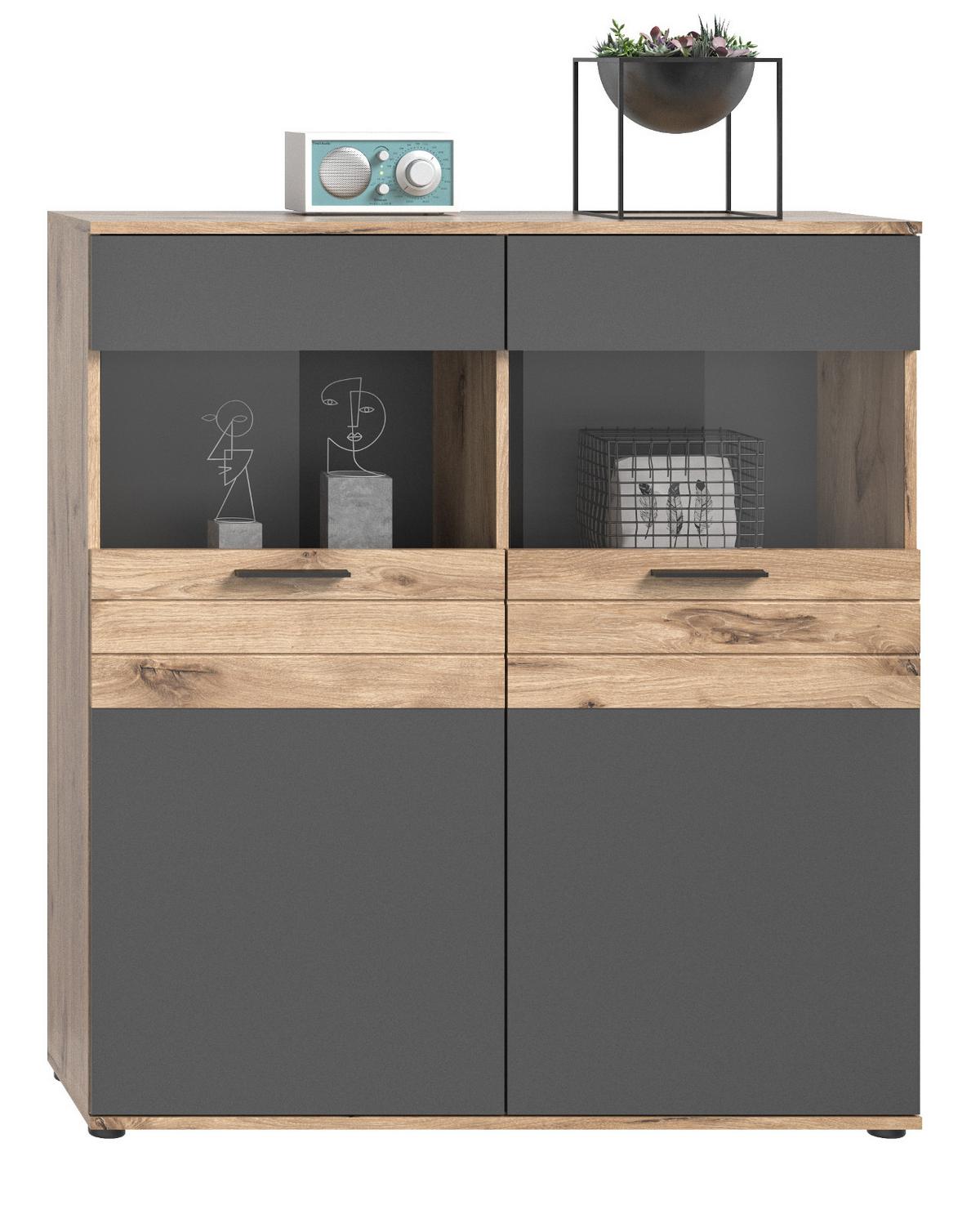 HIGHBOARD Eiche, grau 110/122 cm mit Soft-Close, Wohn- und Esszimmermöbel - Eichefarben/Schwarz, Glas/Holzwerkstoff (110/122/37cm) - Inn.Furn