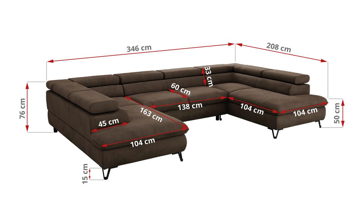 WOHNLANDSCHAFT PABLO U Velvet Braun - Schwarz/Braun, Textil/Metall (346/76/208cm) - MKS