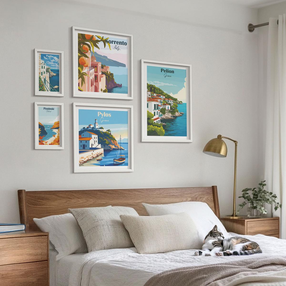 BILDER SET 5er Set - 50x50 cm & 20x30 cm & 40x60 cm Weißer Rahmen - Farbenfrohe Illustrationen von Retro-Städten - Weiß, Kunststoff (40/60cm) - TULUP