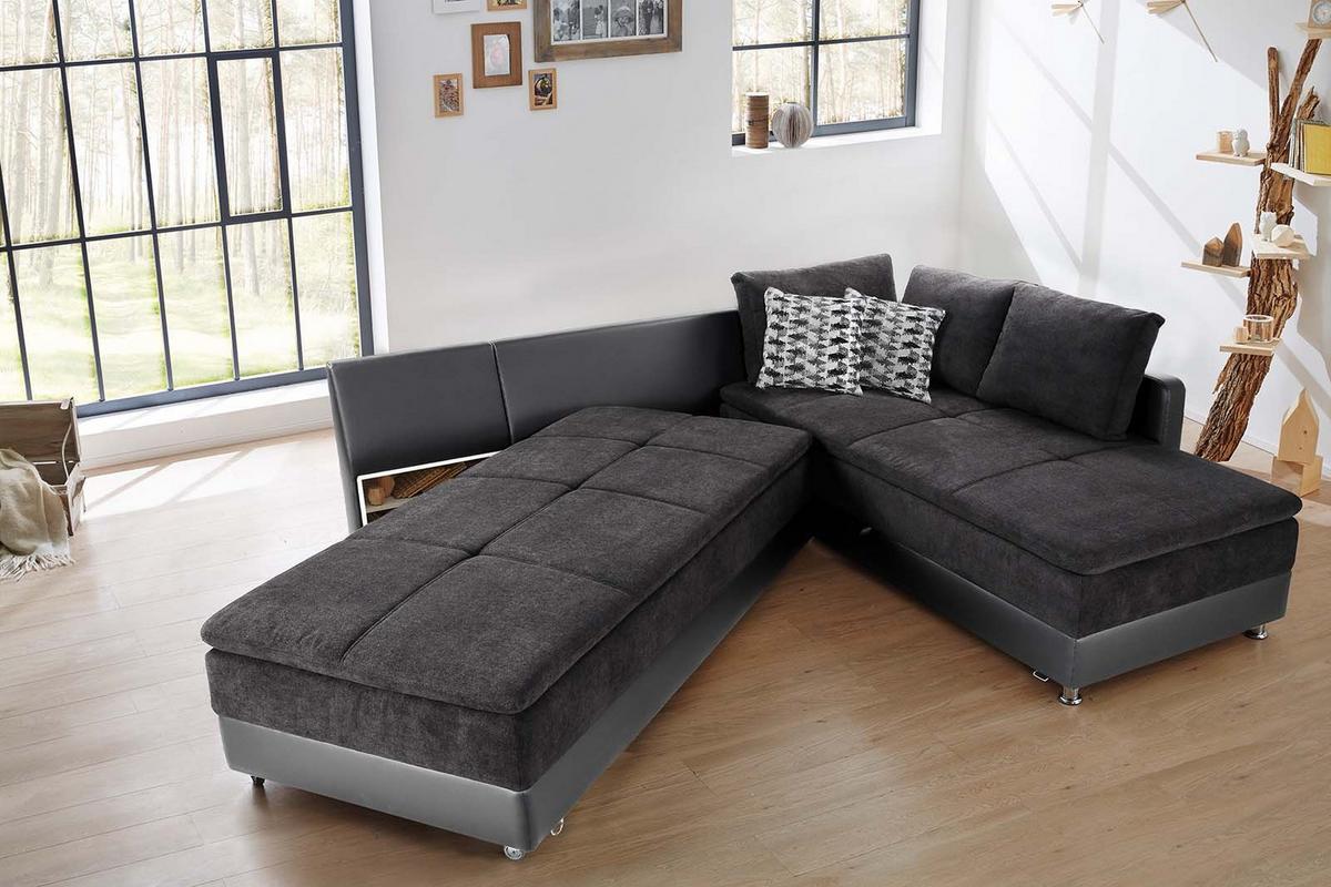 ECKSOFA-DAUERSCHLÄFER Doppelbett Boxspring Federkern Topper, Schwenkteil links B306/T223/H95 cm, Kunstleder Grau+Mikrofaser Anthrazit / 15105 - Chromfarben/Anthrazit, Kunststoff/Textil (306/223cm) - luma-home