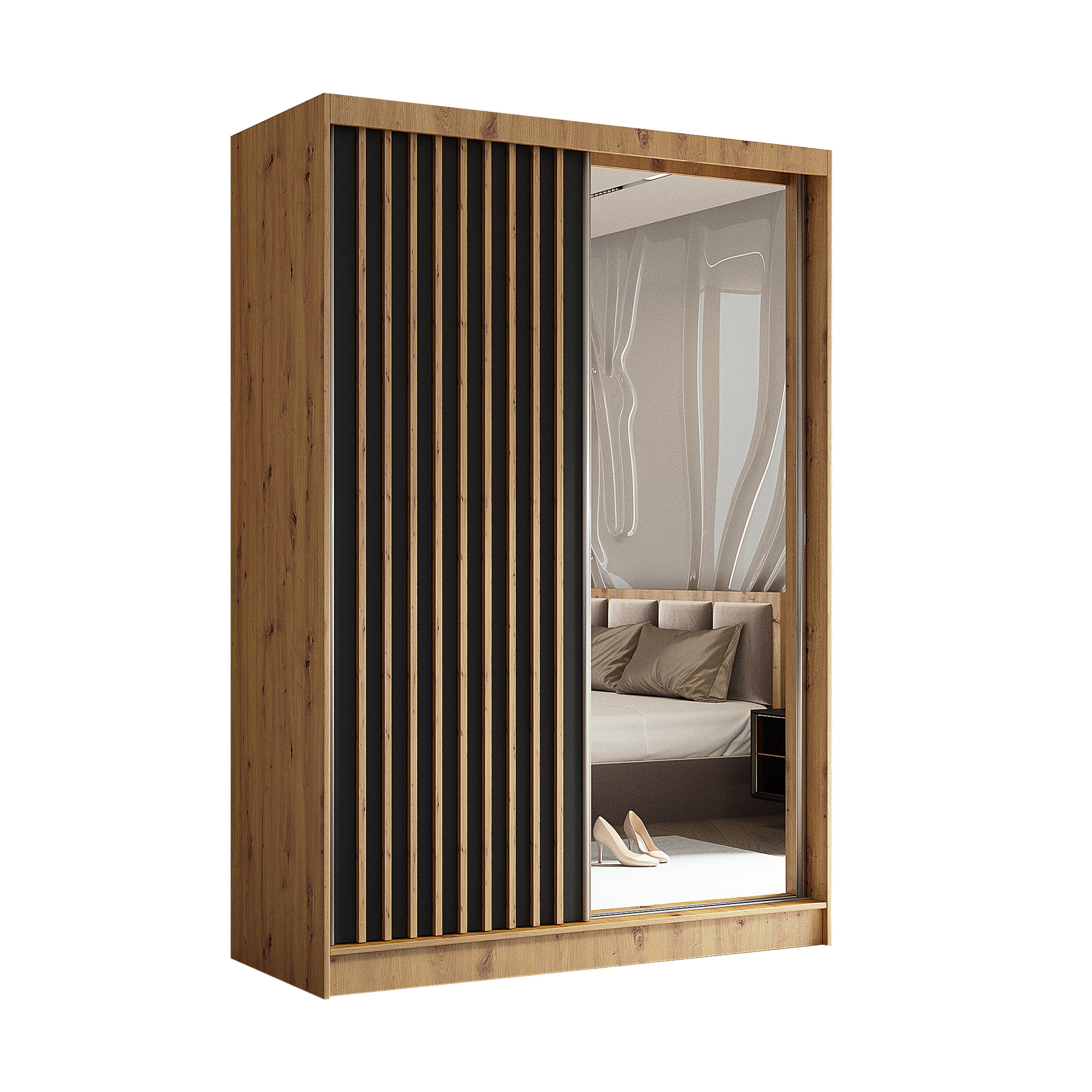 SCHWEBETÜRENSCHRANK LAMELLO 150/216/61 cm 2-türig mit Spiegel Eiche Artisan - Schwarz/Eiche Artisan, Holzwerkstoff (150/216/61cm) - MASSENO