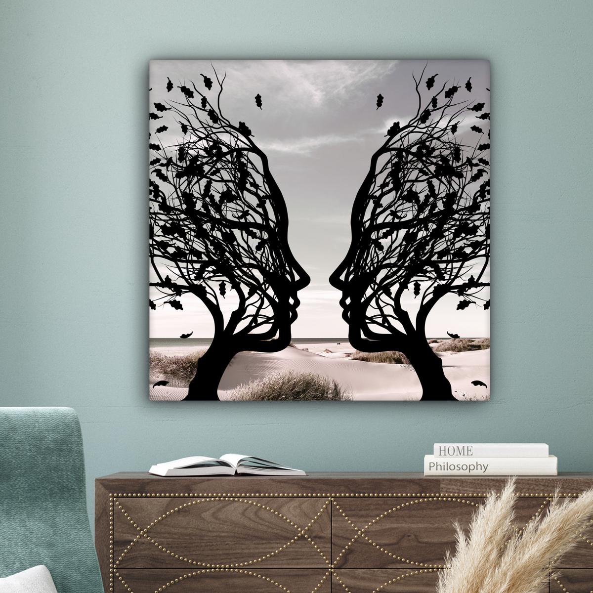LEINWANDBILD Strand - Meer - Menschen - Baum - Moderne Kunst Deko Groß 90x90 cm - Hellgrau, Textil (90/90cm) - MuchoWow