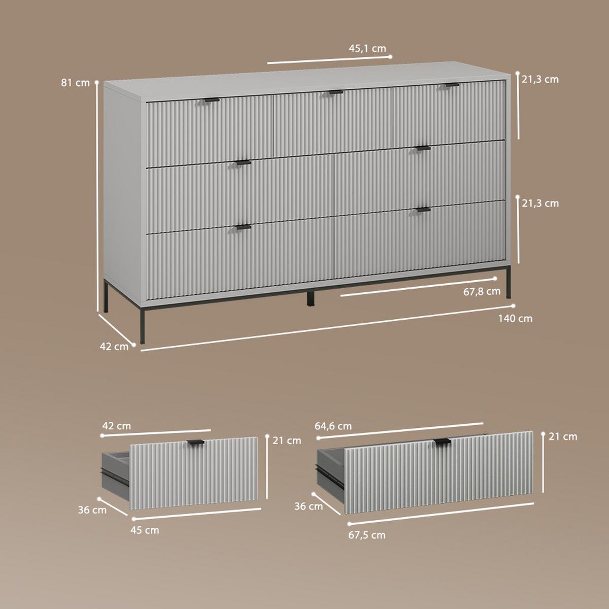SIDEBOARD Aterno Grau 42 x 81 cm mit 7 Schubladen - Grau, Holzwerkstoff (42/81/140cm) - Livinity®