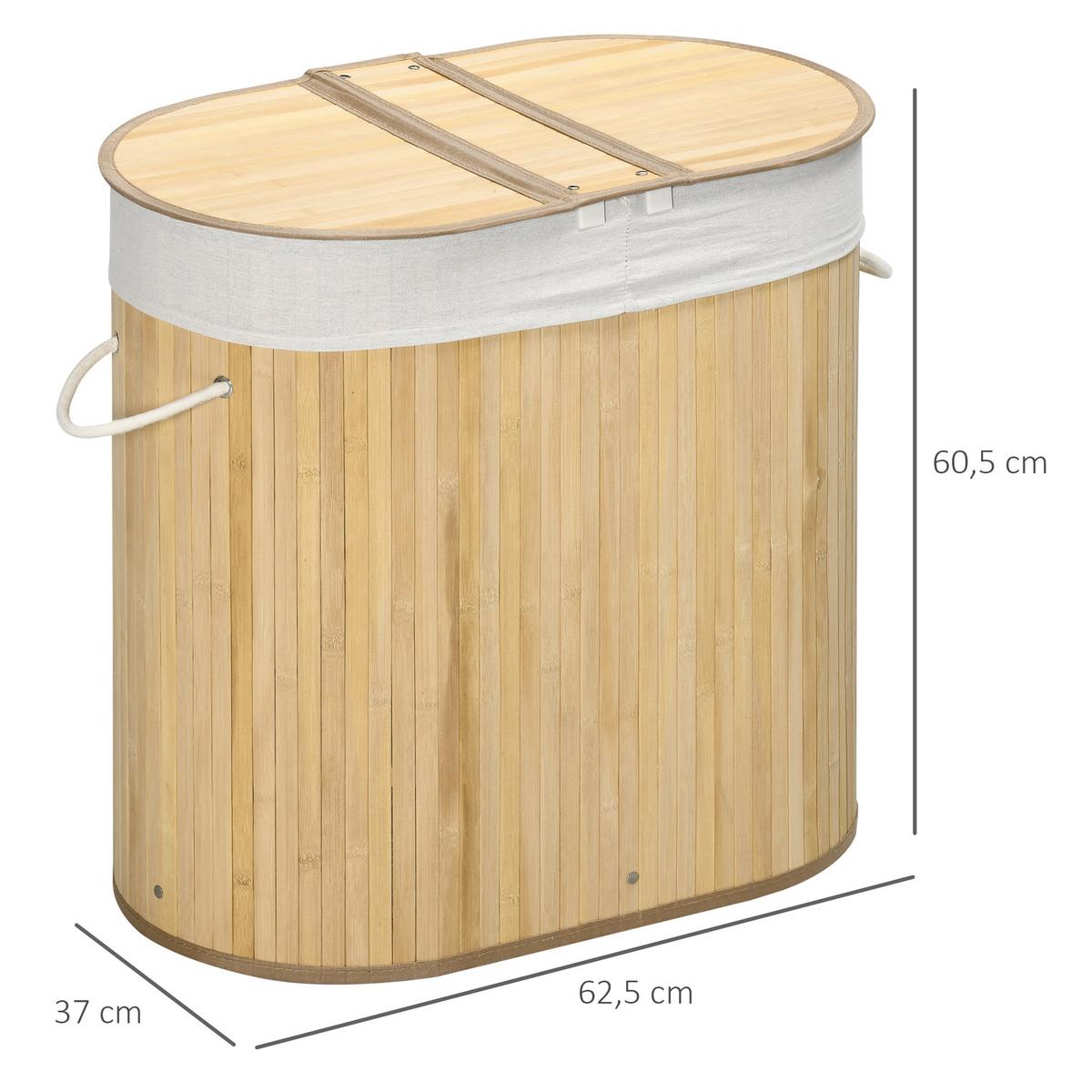 WÄSCHEKORB 100L Wäschebox mit Deckel, Griff, 2 Abschnitten Bambus Natur - Naturfarben, Naturmaterialien (37/60.5/62.5cm) - HOMCOM