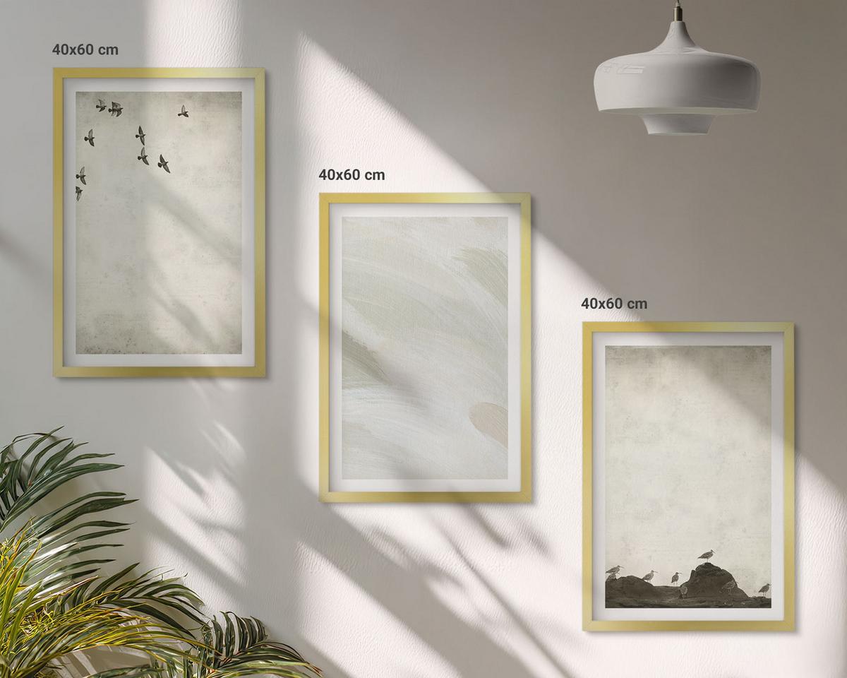 BILDER SET 3er Set - 40x60 cm Goldrahmen - Vögel, Steine, Pinselstriche, Verzierungen - Goldfarben, Kunststoff (40/60cm) - TULUP