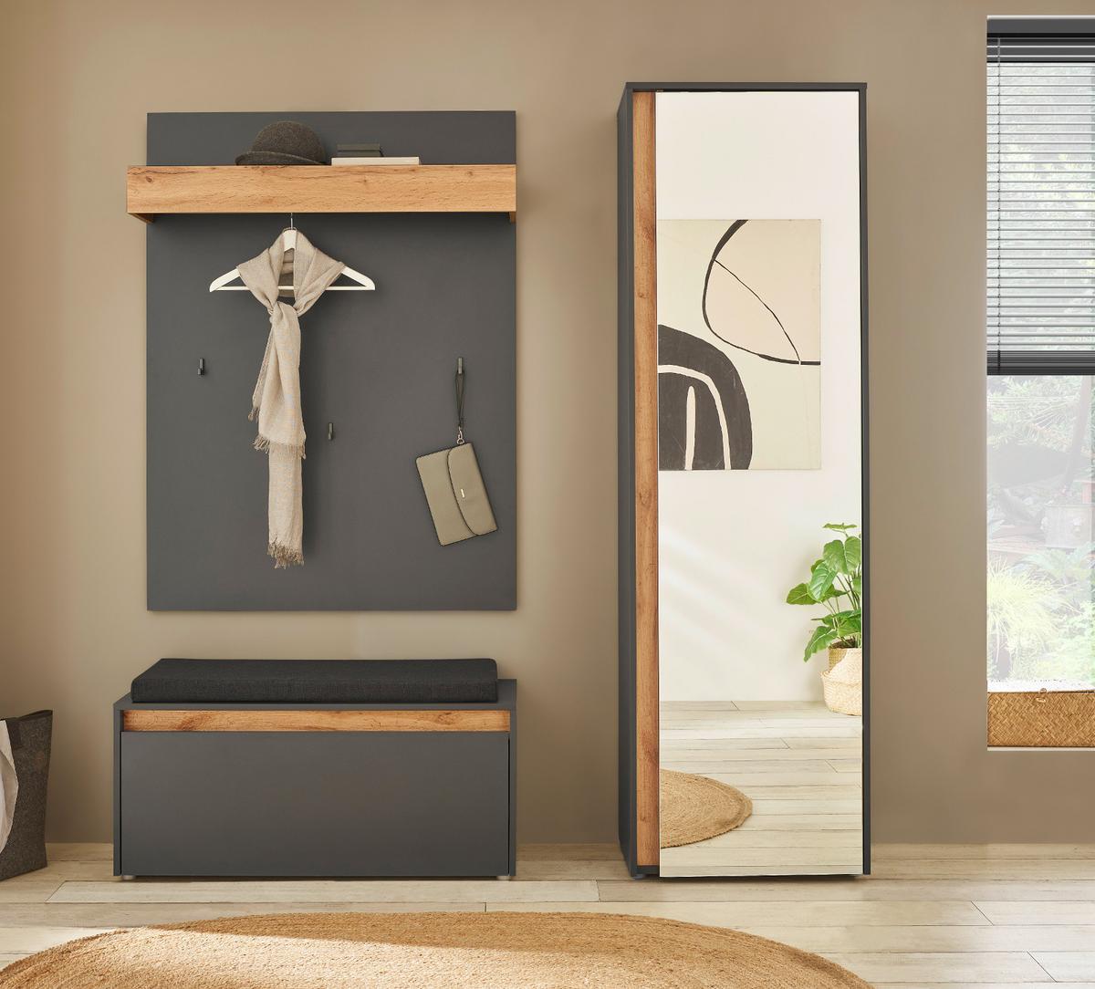 GARDEROBENSCHRANK grau matt, Eiche Wotan 60 cm, Flurschrank mit Spiegel - Eiche Wotan/Silberfarben, Glas/Holzwerkstoff (60/200/40cm) - Furn.Design