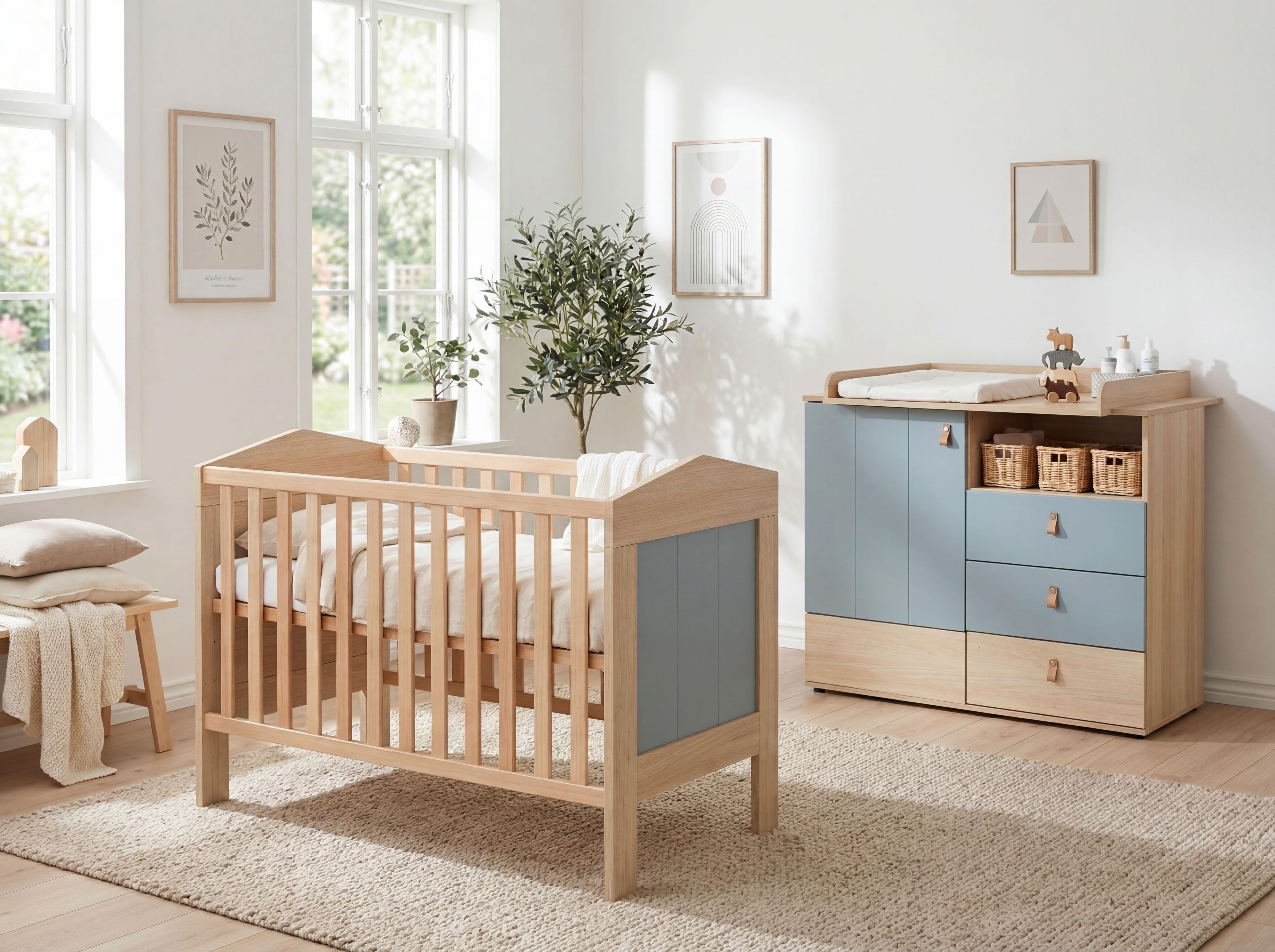 BABYZIMMER SET Roofy 2-tlg. Soft-Close - Salbeigrün/Eichefarben, Leder/Holz (1/1/1cm) - arthur berndt