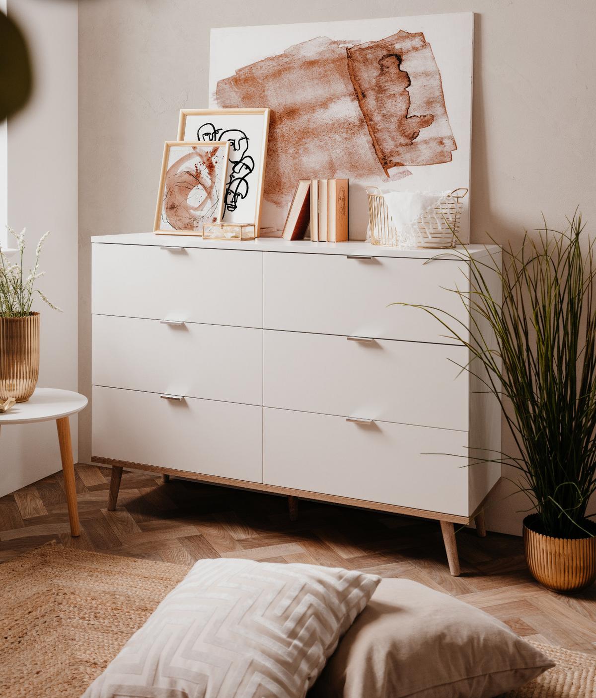 SCHUBLADENKOMMODE weiß matt, Eiche Sonoma massiv 120 cm, Kommode mit 6 Schubkästen - Chromfarben/Eichefarben, Holz/Holzwerkstoff (120/87/40cm) - Furn.Design