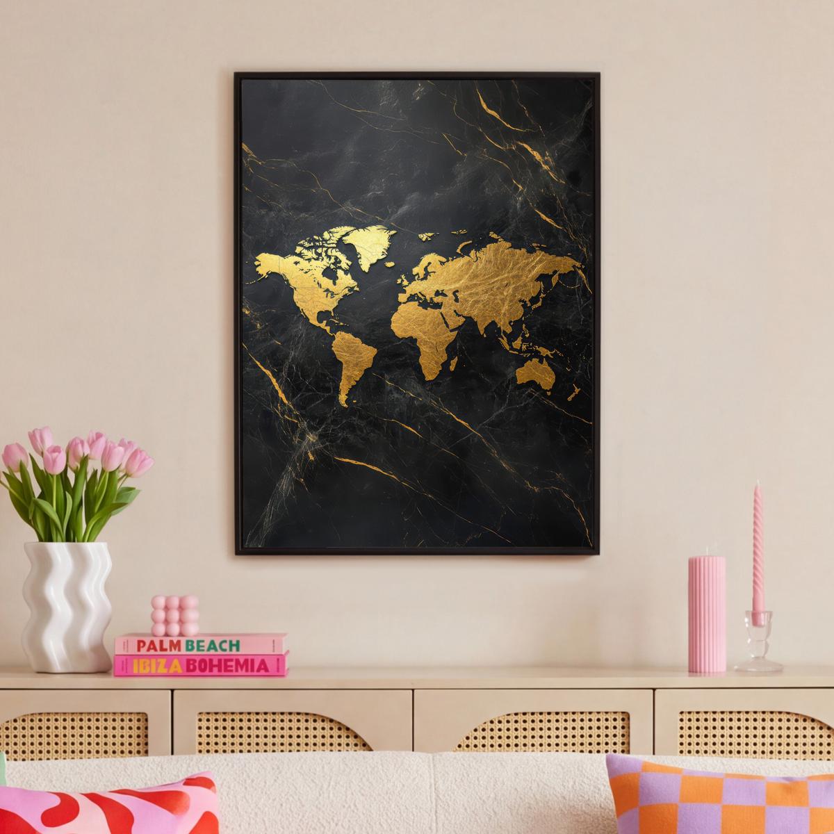 LEINWAND Bilder mit Rahmen - Weltkarte - Gold - Marmor - 70x100 - Goldfarben, Textil (70/100cm) - MuchoWow