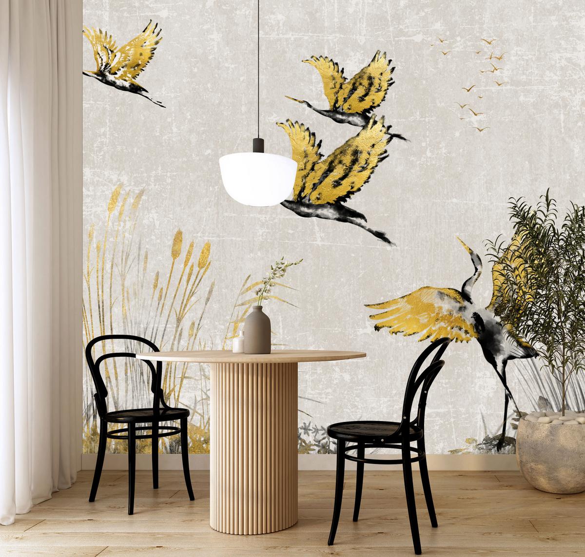 FOTOTAPETE Vögel Pflanzen Beton Abstraktion 250x175 - Gelb/Beige, Papier (250/175cm) - Muralo