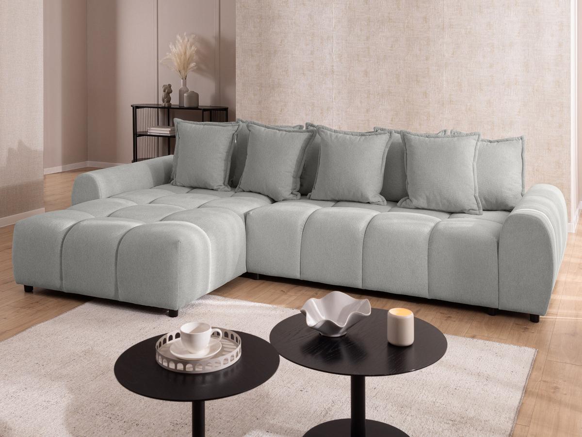 ECKSOFA Bubble mit losen Rückenkissen und Sitzfläche in Bubble-Optik aus weichem Hellgrau Strukturstoff mit schöner Sitzkomfort - Ottomane links - Hellgrau/Schwarz, Holz/Kunststoff (180/306cm) - S-Style Möbel