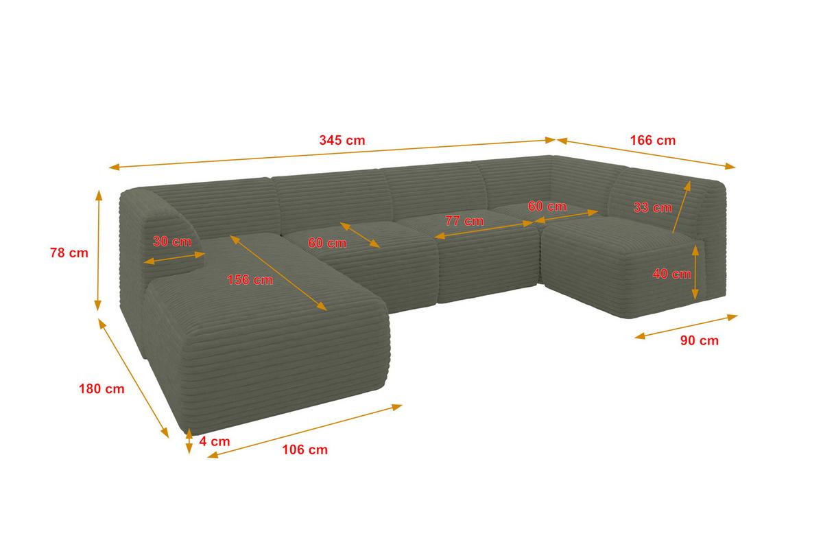 WOHNLANDSCHAFT Ottomane Links MOVO-L 345x180x78 cm Olivgrün Cord - Olivgrün, Holzwerkstoff/Kunststoff (345/78/180cm) - ALTDECOR