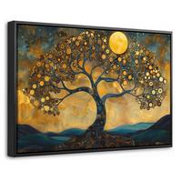 LEINWAND Bilder mit Rahmen - Baum - Mond - Blumen - Gold - Kunst - 60x40 - Orange, Textil (60/40cm) - MuchoWow