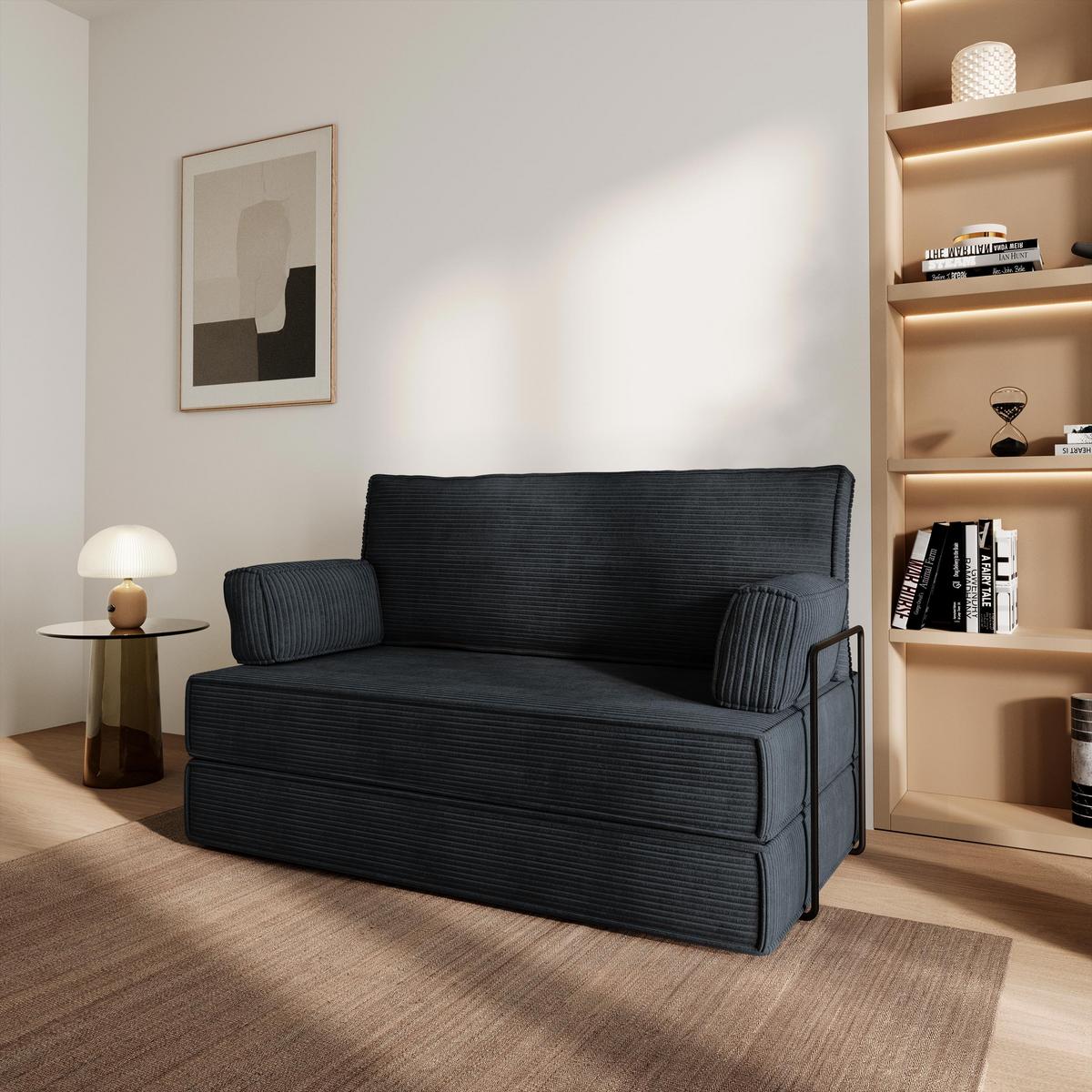 BETTSOFA LADIA aus Schaumstoff Kordstoff Schwarz Schlaffunktion - Schwarz, Textil (140/86/60cm) - MASSENO