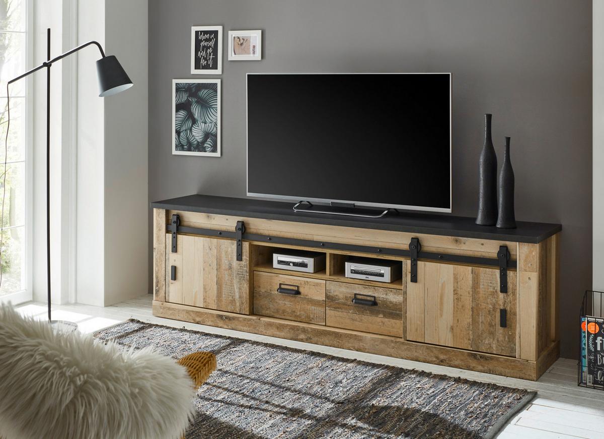 TV-LOWBOARD Used Wood hell, anthrazit 201 x 61 cm, TV Unterteil in Komforthöhe - Anthrazit/Schwarz, Holzwerkstoff/Metall (201/61/43cm) - Furn.Design