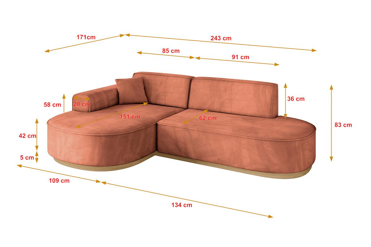 ECKSOFA Ottomane Links MARI-L1-v2 - 243x171x83 cm Koralle Velours - Koralle, Holzwerkstoff/Textil (243/171cm) - ALTDECOR