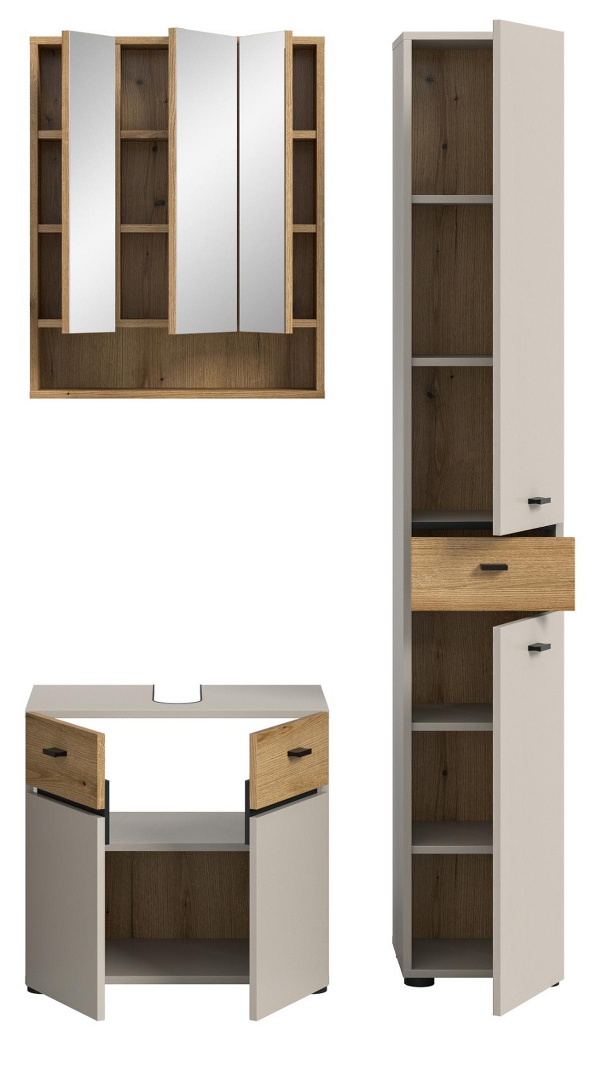 BADMÖBEL-SET Kaschmir, Evoke Eiche 3-teilig 107 cm, Komplettset mit viel Stauraum - Kaschmir/Eichefarben, Glas/Holzwerkstoff (107/191/35cm) - Inn.Furn