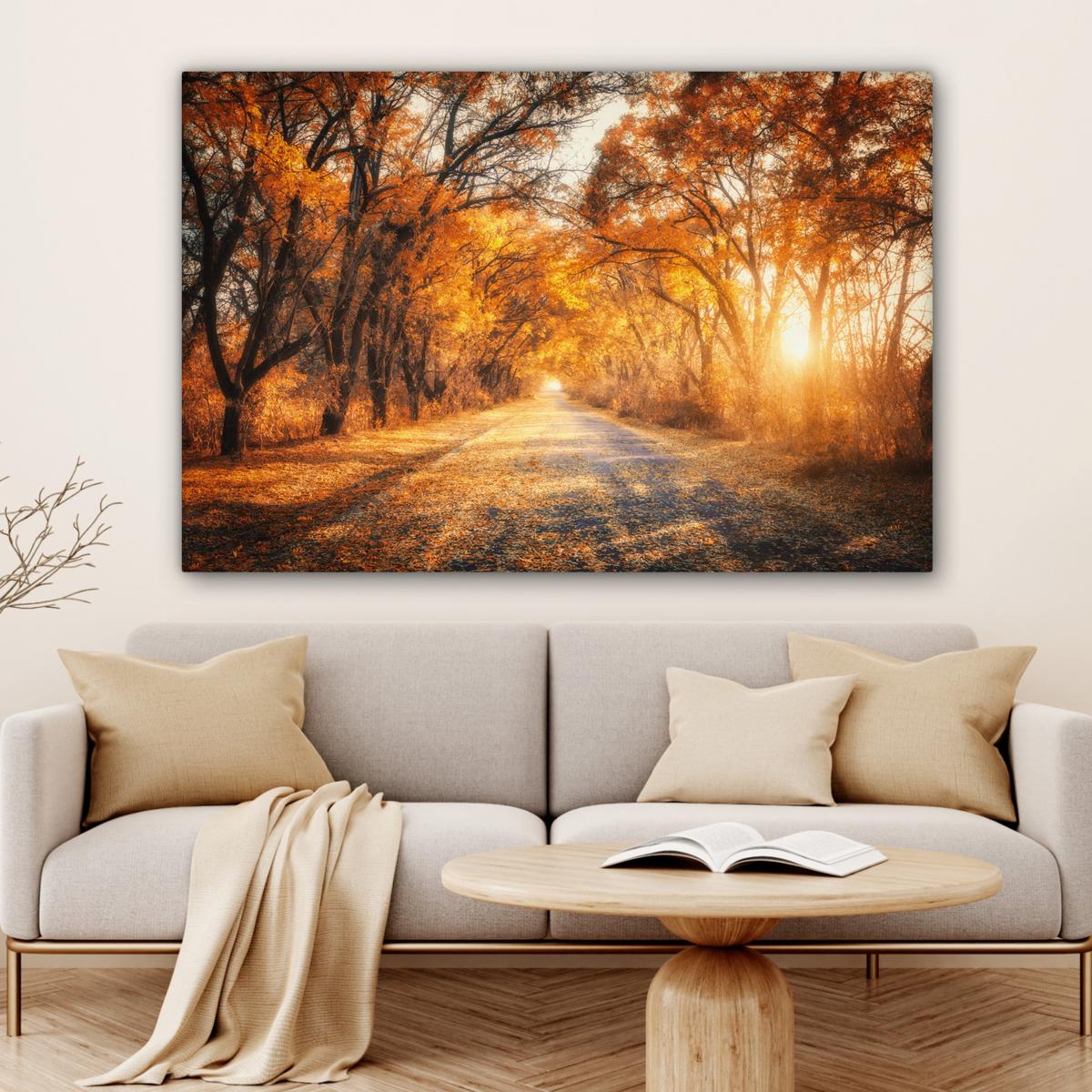 LEINWANDBILD Wald - Herbst - Bäume - Waldweg - Natur XXL 150x100 cm - Bernsteinfarben, Textil (150/100cm) - MuchoWow