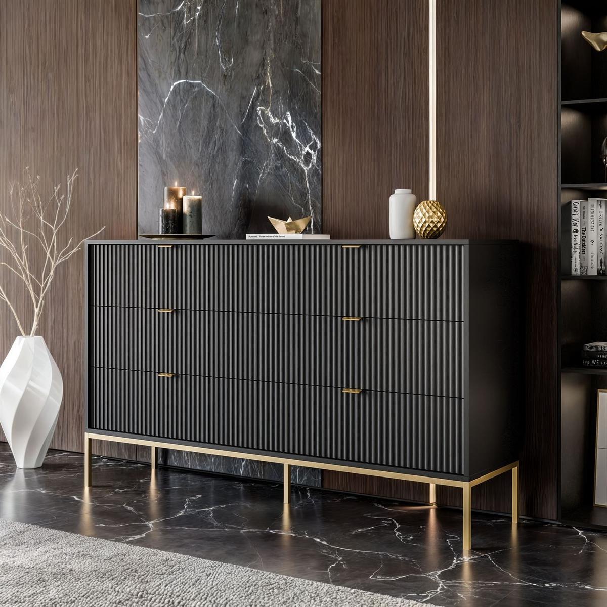 SIDEBOARDS CORTADO GOLD KS154 MIT SCHUBLADEN SCHWARZ - Schwarz, Holzwerkstoff (154/91/39cm) - Lookway