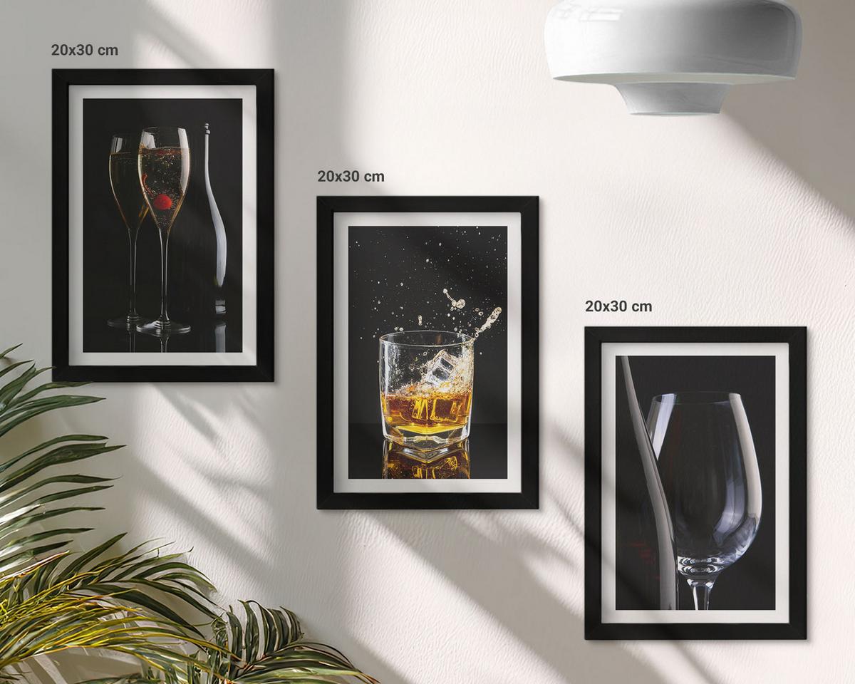 BILDER SET 3er Set - 20x30 cm Schwarzer Rahmen - Weingläser und Whiskygläser auf schwarzem Hintergrund - Schwarz, Kunststoff (20/30cm) - TULUP