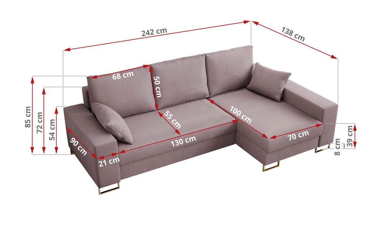 ECKSOFA Dorian Velvet Rosa - Goldfarben/Rosa, Textil/Metall (242/138cm) - MKS