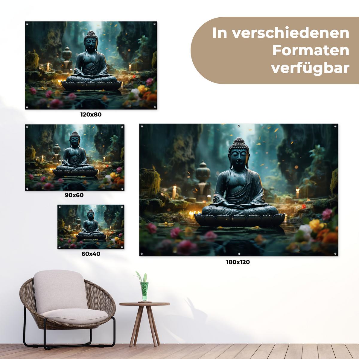 GARTENPOSTER Buddha - Statue - Buddha - Zen - Kunst - Buddha Gartendeko 90x60 cm - Dunkelgrau, Kunststoff (90/60/0.2cm) - OnlyWow