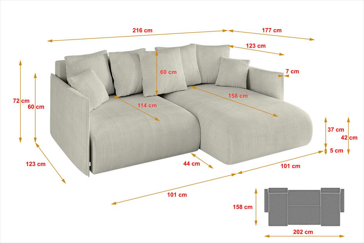 ECKSOFA Ottomane rechts ONESK-L 216x177x72 Creme Cord - Hellgrau/Creme, Holzwerkstoff/Kunststoff (177/216cm) - ALTDECOR