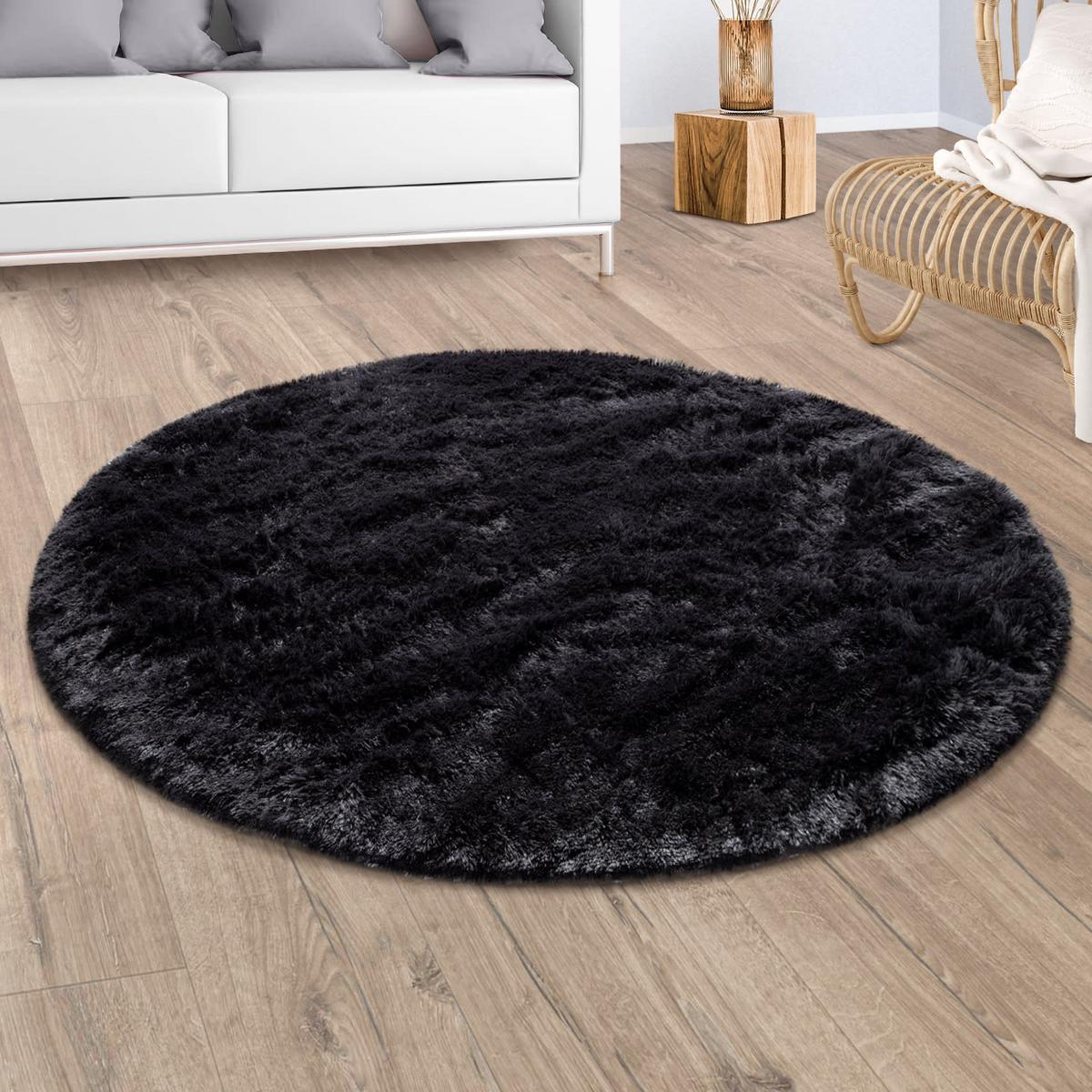 HOCHFLORTEPPICH, einfarbig, aus Polyester, Schwarz, Ø 120 cm - Schwarz, Textil (120/120cm) - KADIMA DESIGN