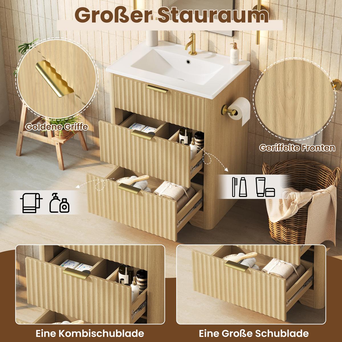 WASCHTISCHUNTERSCHRANK Holzoptik mit 2 Schubladen & Papierhalter - Naturfarben, Holzwerkstoff (61/82/47cm) - Urban Meuble