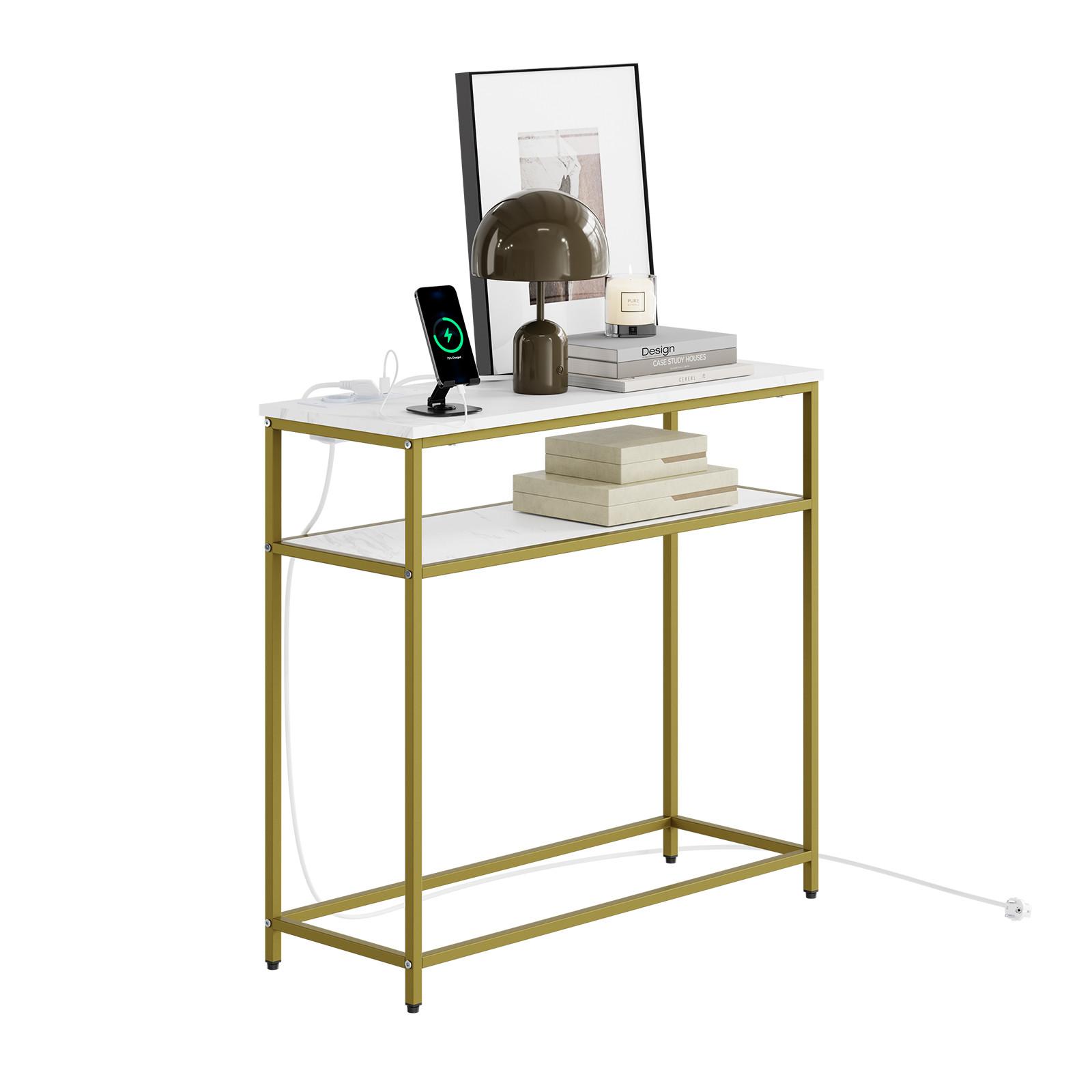 KONSOLENTISCH mit 2 Ablagen und 2 Steckdosen modern 80x30x75 cm - Goldfarben/Weiß, Holzwerkstoff/Metall (30/80/75cm) - SoBuy