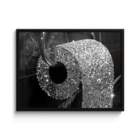 POSTER MIT RAHMENGERAHMTES BILD WC - Toilettenpapier - Schwarz und weiß - Glitter 80x60 cm - Silberfarben, Papier (80/60cm) - MuchoWow