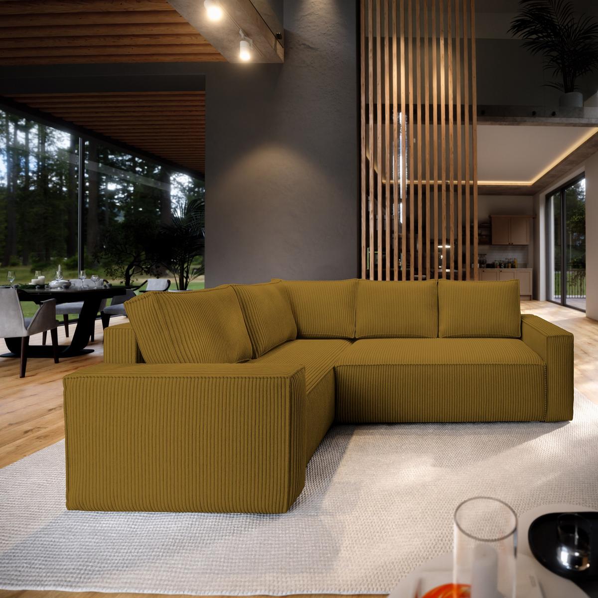 ECKSOFA ESTANO L-S Gelb Kordstoff mit Schlaffunktion - Gelb, Holz (230/158cm) - MASSENO
