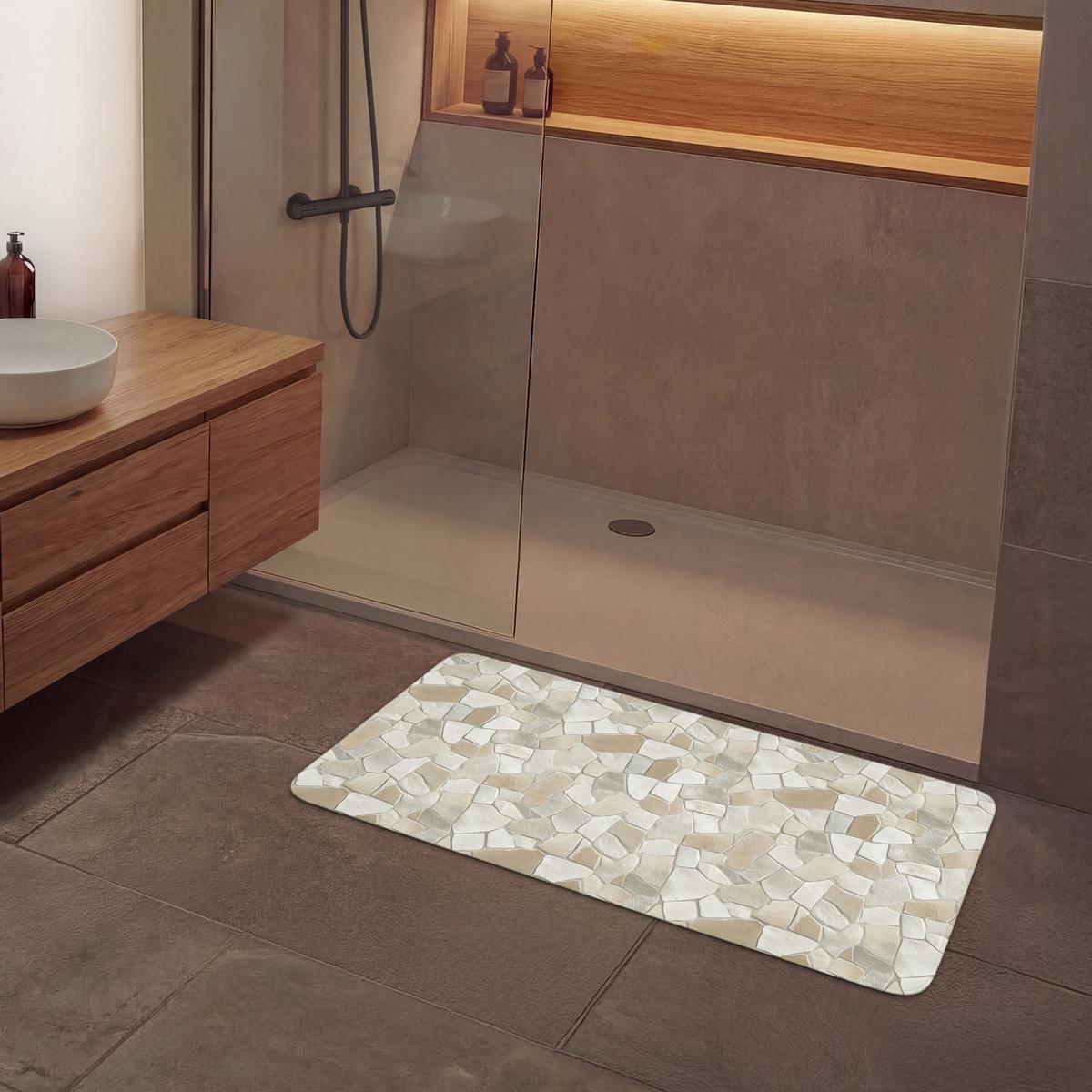 BADEMATTE Mosaik - Steine - Beige 120x60 cm - Beige/Creme, Textil (120/60cm) - OnlyWow