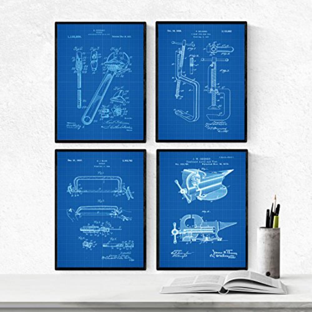 POSTER Set mit 4 BLAU Patenten Werkzeuge 2 A4 Schwarzer Rahmen - Schwarz, Papier (29.7/3cm) - Nacnic